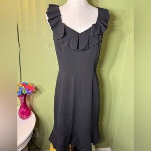 NWT White House Black Market Black sheath dress with ruffled neckline